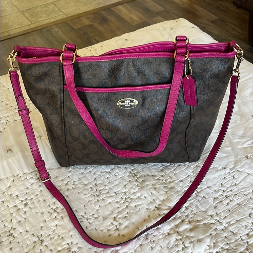 Coach Signature Canvas Tote Brown and Pink